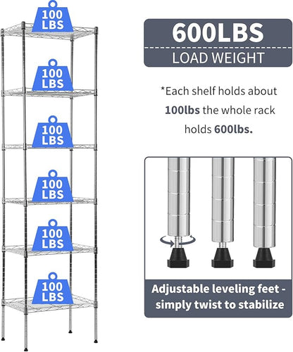 6-Shelf Adjustable Storage Shelves 600Lb Capacity Metal Wire Shelving Unit Storage Rack for Kitchen Bathroom Corner Shelf Organizer for Small Space, 16.7D x 11.8W x 63H, Chrome