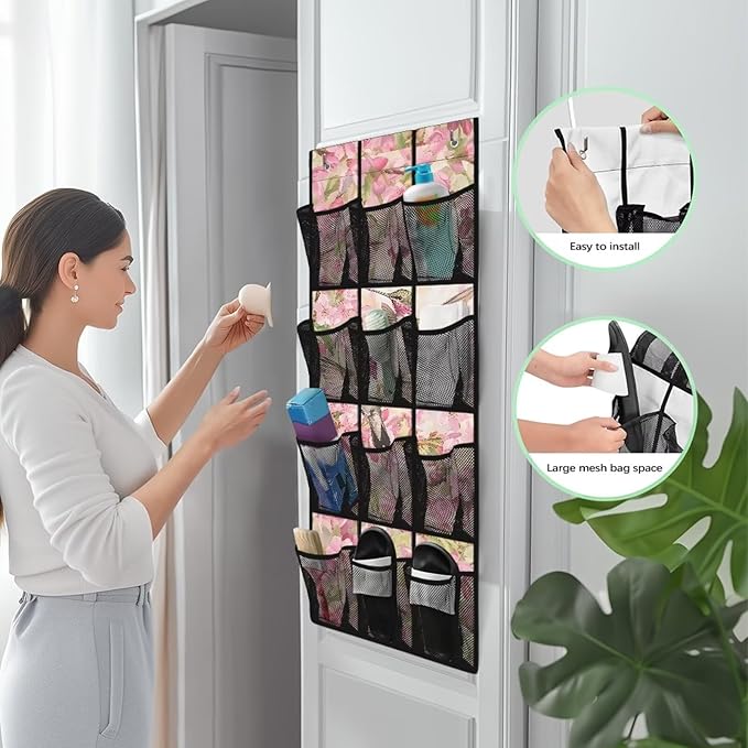 Hummingbird Floral Space Saving Hanging Shoe Organizer,Entryway Bedroom Bathroom Storage Bags with 12 Mesh Large Pockets,Unique Print