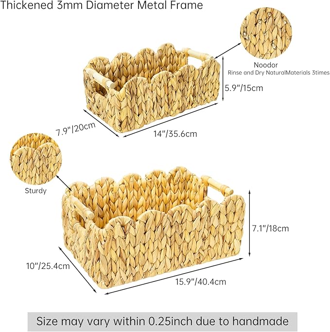 2Pack Scalloped Edge Wicker Basket,Hand-Woven Rattan Baskets with Wooden Handles,Natural Water Hyacinth Basket for Laundry,Shelves,Decorative Basket