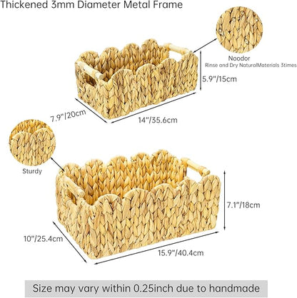 2Pack Scalloped Edge Wicker Basket,Hand-Woven Rattan Baskets with Wooden Handles,Natural Water Hyacinth Basket for Laundry,Shelves,Decorative Basket