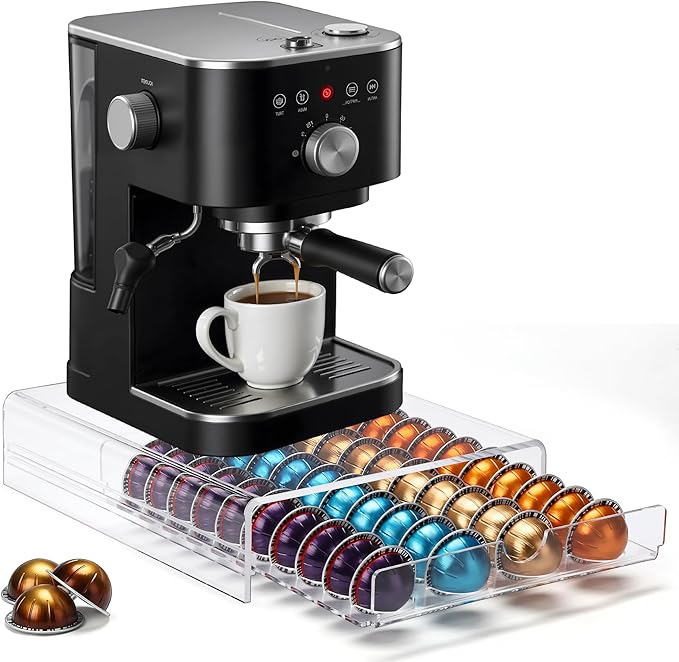 Clear Coffee Pod Organizer for Nespresso Vertuo, Double Sided Pull Out Holder Stores 40 Capsules, Acrylic Coffee Station Storage for Kitchen Countertop