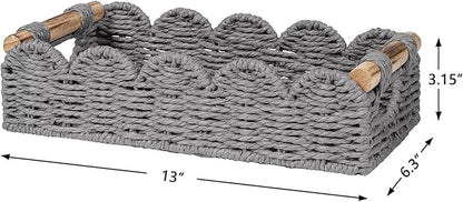 CubesLand Bathroom Basket Organizer w/Cut Out Handle, Back of Toilet Paper Storage Baskets for Bathroom Countertop Decorative, Small Scalloped Wicker Basket Also for Home Decor, Living Room, Grey