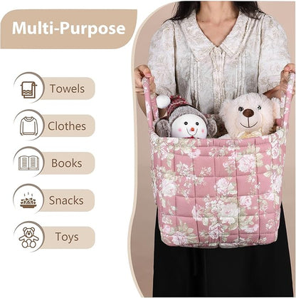 Storage Basket Boho Fabric Large Collapsible Floral Laundry Nursery Hamper Portable Folding Storage for Clothes Toys (Pink)
