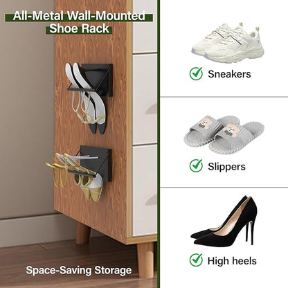 Foldable Wall Mounted Shoe Rack Set of 4, Metal Hanging Shoe Organizer, 12.5 Inch Wall-Mount Shoe Organizer, Efficient Holder and Storage Rack for Various Shoes