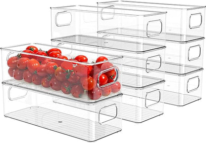 Set of 8 Refrigerator Pantry Organizer Bins - Stackable Fridge Organizers with Handles for Pantry, Freezer, Kitchen, Countertops, Cabinets - Clear Plastic Food Storage Bins