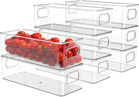 Set of 8 Refrigerator Pantry Organizer Bins - Stackable Fridge Organizers with Handles for Pantry, Freezer, Kitchen, Countertops, Cabinets - Clear Plastic Food Storage Bins