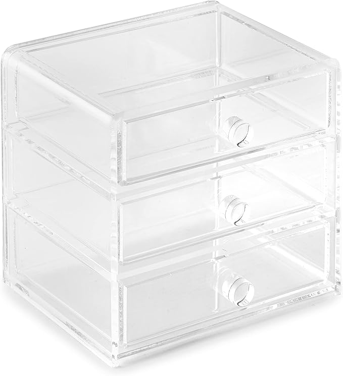 Huang Acrylic Clear Acrylic 3-Drawer Organizer, Large Makeup Jewelry Accessories Cosmetic Countertop Storage Display 5.15 x 4.7 x 4.5 inches