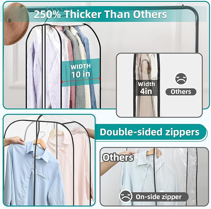 LANDNEOO 6 Pack Clear Garment Bags for Hanging Clothes with Zippers on Double Sides - 10'' Clothes Storage for Coat, Dress, and Fur in Closet - 60'' Long Suit Bags