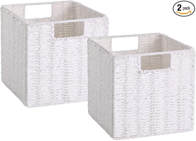 Vagusicc Wicker Storage Basket, Set of 2 Hand-Woven Storage Baskets for Organizing, White Foldable Cube Storage Bins Organizer, 9 x 9 Inch Square Wicker Storage Baskets for Shelves Pantry Decor