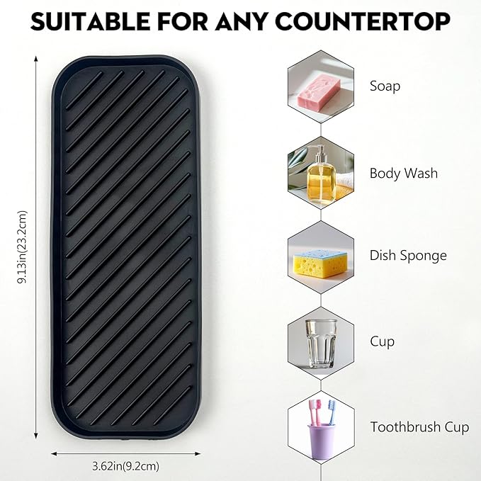 Silicone Sink Organizer Tray, Multi-Use Soap & Sponge Holder for Kitchen and Bathroom Countertops, Non-Slip Soap Dish(Black)
