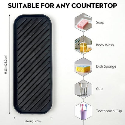 Silicone Sink Organizer Tray, Multi-Use Soap & Sponge Holder for Kitchen and Bathroom Countertops, Non-Slip Soap Dish(Black)