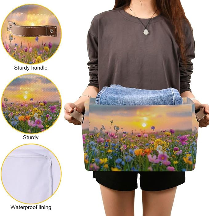 Large Storage Basket Beautiful Sunset Storage Bin Cube Canvas Fabric Organizer Handles Collapsible for Clothes Toys Bedroom Decorative