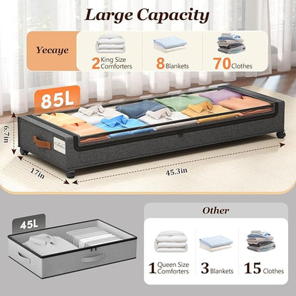 Yecaye 85 L Under Bed Storage with Wheels, 2 Pack Extra Large Under Bed Storage Containers with Metal Frame & Clear Lid, Rolling Underbed Organizer Bins Drawers for Clothes, Shoes, Blankets, Hemp Grey
