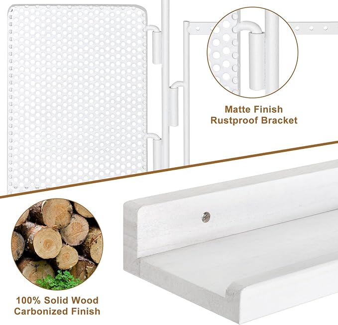 SOLIMINTR Hanging Jewelry Organizer Wall Mount with Rustic Wood Shelf, Ring Display Box, Ear Studs Earring Holder, Rotating Necklace Holder Organizer White