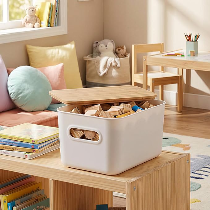 Citylife Storage Bins with Bamboo Lids 7QT Plastic Storage Containers Stackable Organizer Boxes with Handle for Desk Snacks, Toys, 4 PCS, 10" L x 7" W x 5.8" H