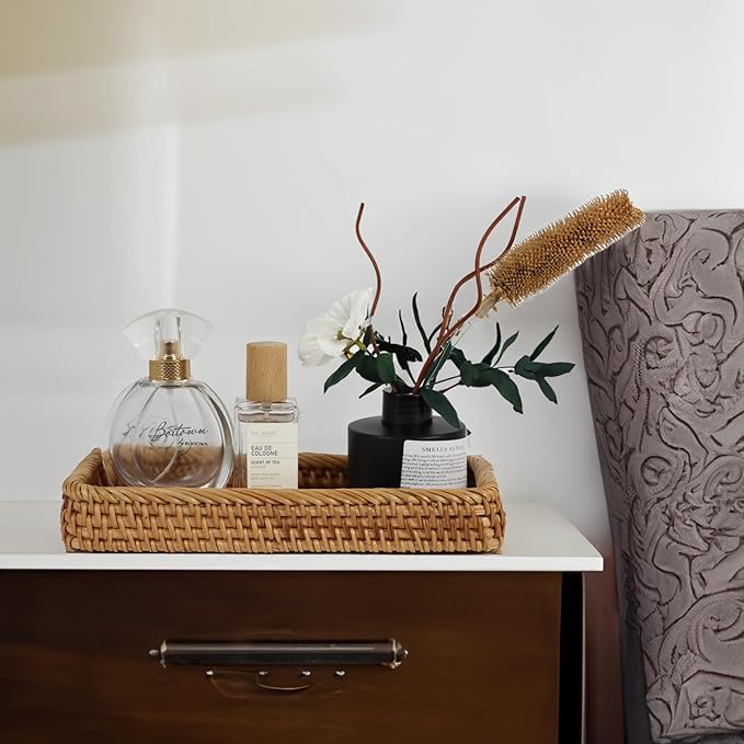 Rattan Bathroom Tray Countertop, Wicker Toilet Tank Basket, Decorative Bathroom Vanity Tray for Decor Coffee Table