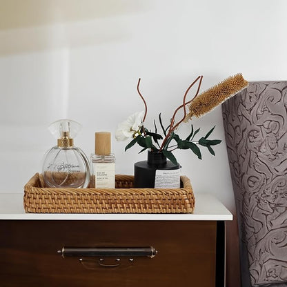 Rattan Bathroom Tray Countertop, Wicker Toilet Tank Basket, Decorative Bathroom Vanity Tray for Decor Coffee Table