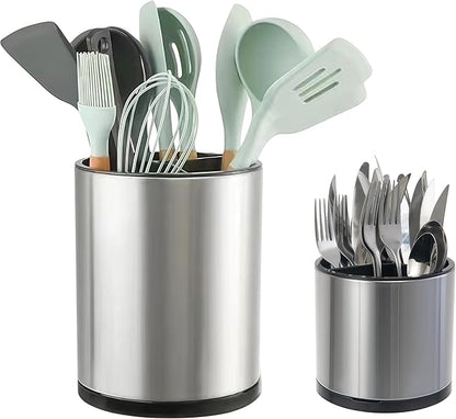 LIBODOUR Kitchen Utensil Holder Extra Large Rotating For Counter Organizer Stainless Steel Storage Cooking Silverware Caddy 3 Compartment Flatware Spoon Spatula Tool Cutlery Container（2 Set Silvery）