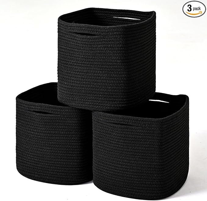 11 Inch Cube Storage Bins, 11x11 Cube Storage Bins for Cube Organizer, Square Cloth Storage Cubes, Black Woven Storage Baskets for Shelves, Toy Baskets Storage Kids, Black (Pack of 3)