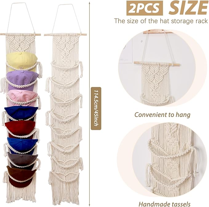 Hommtina Wall Mounted Hat Rack - Stylish Hat Organizer & Holder for Bedroom Decor, Space-Saving Hat Storage with Hooks for Caps, Hats, and Accessories (2)