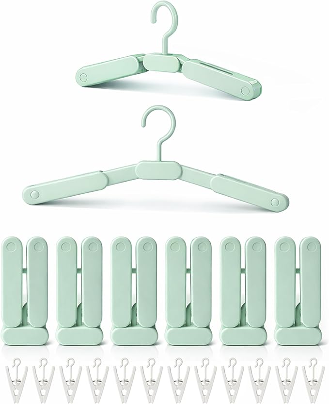 6 Pack Foldable Travel Hangers with 12 Clips, Portable Collapsible Clothes Hanger for Travel, Cruise, Hotel, Camping, Dorm, Space Saving Laundry Solution for Small Spaces (Light Green)