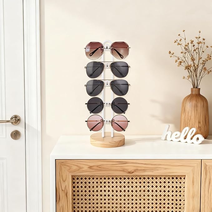 Mkono Sunglasses Organizer Glasses Holder Stand Sunglass Storage Eyeglasses Rack Metal Frame with Wood Base for 5 Pairs of Eyewear Display for Table Desk Countertop Dresser Bedroom (1, Wood)