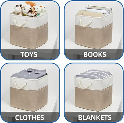 Temary Cube Storage Baskets 4 Pack 13x13 Fabric Cube Storage Bins for Clothes, Large Baskets Boxes with Handles, Canvas Basket for Organizing Towels, Collapsible Storage Bins (White&&Khaki)
