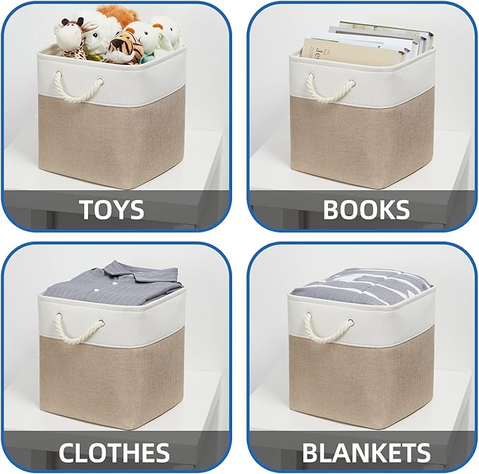 Temary 4 Pack Cube Storage Bins Cloth Baskets for Shelf, Fabric Storage Cubes 12 x 12 Baskets Gift Empty Basket with Handles, Basket for Storage (White&Khaki)