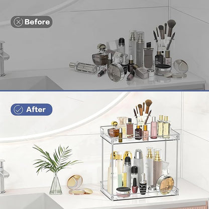 2 Tier Bathroom Counter Organizer, Clear Bathroom Counter Shelf for Vanity Countertop, Kitchen, Sink Storage, Tiered Skincare Organizer for Makeup, Perfume, Beauty Supplies (Rectangular)