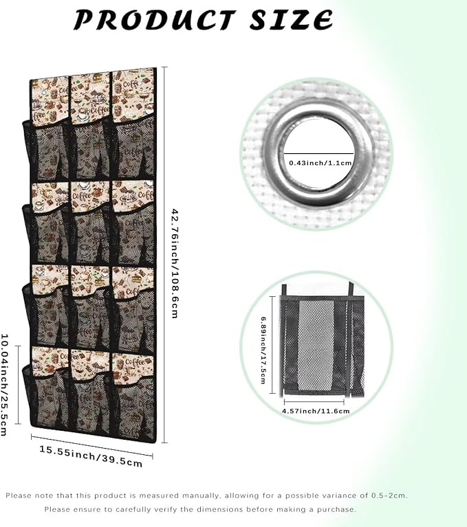 12-Compartment Over The Door Hanging Storage Bag, Waterproof Dirt-Resistant and Easy to Fold for Compact Storage, Coffee Print