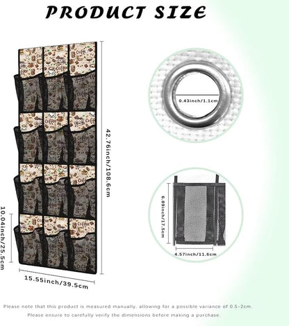 12-Compartment Over The Door Hanging Storage Bag, Waterproof Dirt-Resistant and Easy to Fold for Compact Storage, Coffee Print