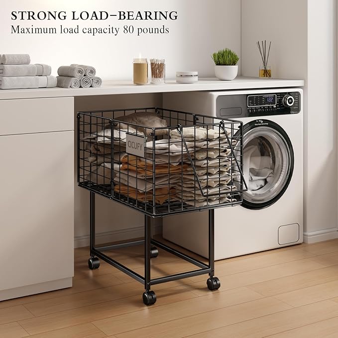 CICUFY Rolling Laundry Cart, 80L Wire Laundry Hamper Basket on Wheels, Dirty Clothes Basket with Handle, Metal Clothes Hamper Organizer for Laundry Room, Bathroom, Bedroom, Dorm, Black
