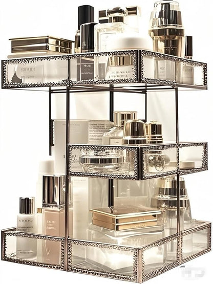 360 Rotating Glass Makeup Organizer, Spinning Vanity Cosmetic Storage with Multi-Layer Compartments, Luxury Countertop Rotating Makeup Holder for Skincare, Perfume, Cosmetics