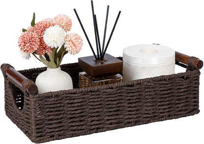 CubesLand Small Wicker Toilet Basket Tray Organizer W/Cut Out Handle, Handwoven Slim Decorative Basket for Countertop, Shelves And for Rustic Home Decor, Living Room, Nursery Organization, Brown
