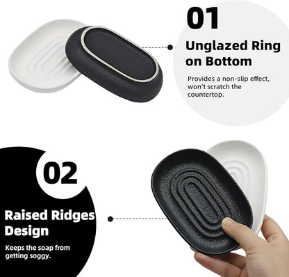 Ceramic Soap Dishes for Bar Soap- Matte White Textured Finish Bar Soap Holder for Bathroom Kitchen Sink & Shower - Easy to Clean Simple Oval Soap Dish Soap Tray for Soap Bars, Sponges, Jewelry
