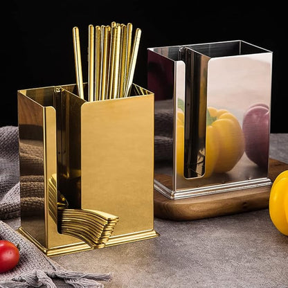 Chinese Restaurant Utensil Holder, Stainless Steel Hanging 2 Compartments Mesh Utensil Drying Rack/Chopsticks/Spoon/Fork/Knife Flatware Storage（Golden）