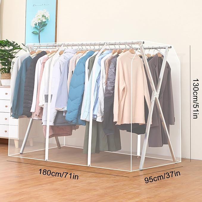 Clothes Rack Cover with Zipper, Dustproof Clothes Cover with 2 Durable Zipper Clothing Waterproof Protector, Designed for X-Type Coat Racks(Clear,180x130x95cm/71x51x37in)