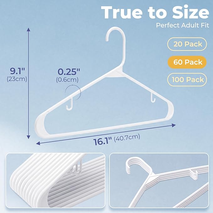 HOUSE DAY White Plastic Hangers 60 Pack, Clothes Hangers with Non Slip Hooks, Durable & Space Saving Coat Hanger, Light-Weight Clothing Hanger, Perfect Closet Organizer for Everyday Use