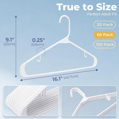 HOUSE DAY White Plastic Hangers 60 Pack, Clothes Hangers with Non Slip Hooks, Durable & Space Saving Coat Hanger, Light-Weight Clothing Hanger, Perfect Closet Organizer for Everyday Use