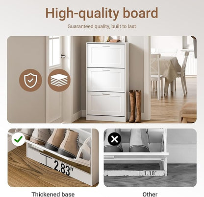 SoBuy Shoe Storage Cabinet Entryway, Freestanding Shoe Cabinet with 3 Flip-Drawers Fully Enclosed Tall Shoe Rack Shoe Organizer, White, FSR137-L-W