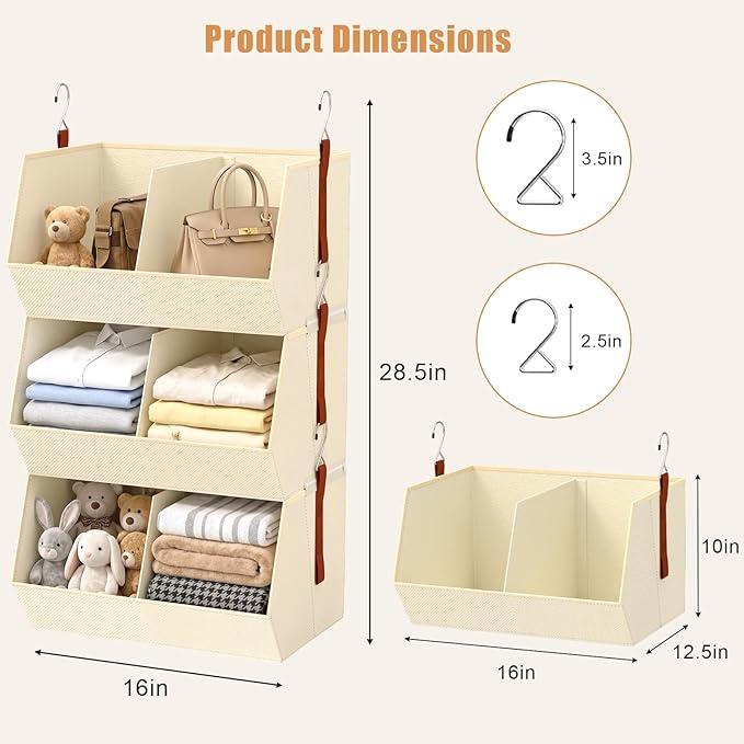 3-Tier Hanging Closet Organizer, Extra Large Fabric Closet Shelves with Zipper, Foldable Closet Storage Organizer for Clothes, Handbags, Socks, Underwear, Dorm Room and RV, Beige - 2 Pack