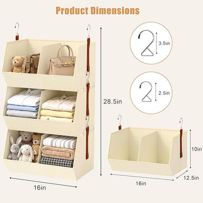 3-Tier Hanging Closet Organizer, Extra Large Fabric Closet Shelves with Zipper, Foldable Closet Storage Organizer for Clothes, Handbags, Socks, Underwear, Dorm Room and RV, Beige - 2 Pack