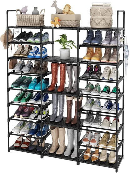 Caitlyn 9 Tier Large Shoe Rack Organizer, Holds 50-55 Pair Shoe Boots, Metal Shoe Shelf Storage Organizer, with Side Hooks Shoe Tower for Entryway Garage Living Room