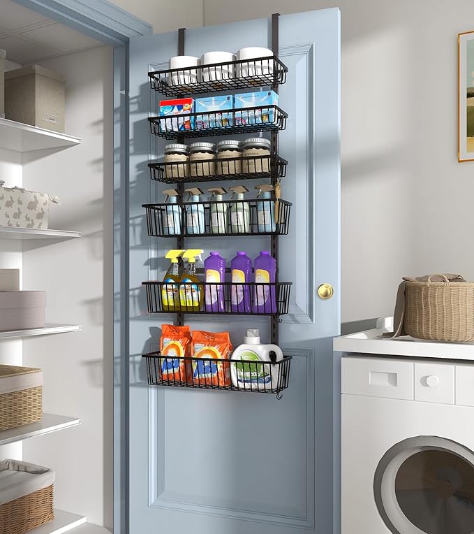 Mefirt Over The Door Pantry Organizer, Pantry Organization and Storage, 8-Tier Deep Baskets Hanging Heavy-Duty Metal, Wall Spice Rack Seasoning Shelves for Home & Kitchen, Laundry Room Bathroom, Black