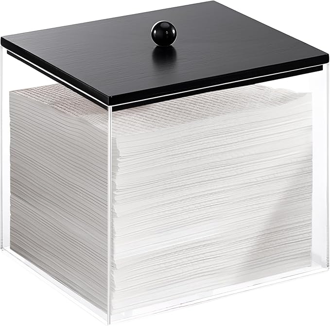 Puricon Acrylic Disposable Facial Towels Holder, Clear Storage Bin with Wood Lid Compatible with Clean Skin Club Towel (NOT Included), Face Towelettes Container for Bathroom Counter -Black