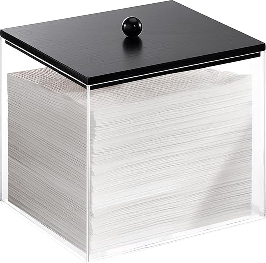 Puricon Acrylic Disposable Facial Towels Holder, Clear Storage Bin with Wood Lid Compatible with Clean Skin Club Towel (NOT Included), Face Towelettes Container for Bathroom Counter -Black