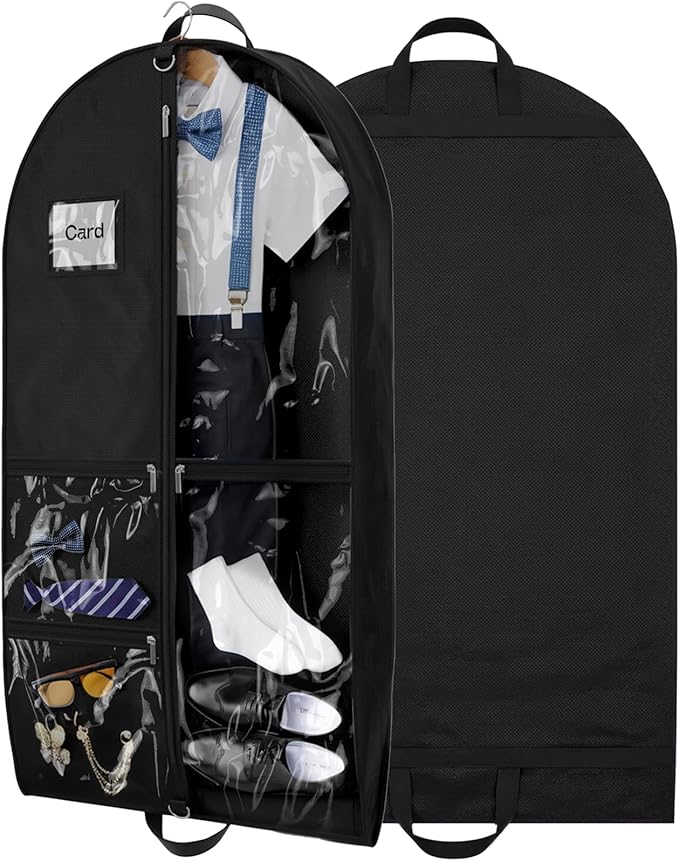 Dance Garment Bags for Dancers, 40" Garment Bags for Hanging Clothes with 3 Clear Zipper Pockets, Cheer Uniform Garment Bag for Suits, Travel & Sports Jersey, Cheer Uniform (Black, 1Pack 40")