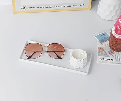 9.2" Porcelain Small Bathroom Tray, Ceramic Countertop and Vanity Tray for Cosmetics, Perfume, Jewelry, Candle - Kitchen Soap Tray for Kitchen Counter (White)