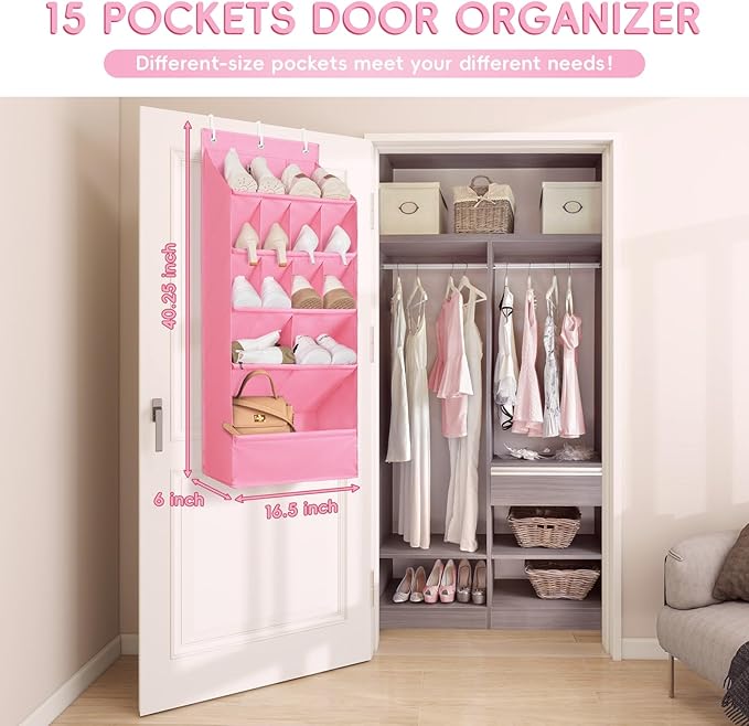 FENTEC 1 Pack Over-the-Door-Shoe-Organizers, Hanging Shoe Organizers with Large Pocket Shoe Holder Hanging Shoe Rack for Closet Shoes Organizer for Wall, Over Door Organizer with 15 Pockets Pink