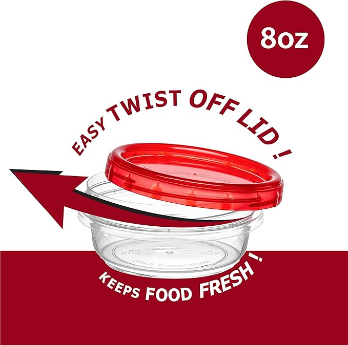 ELEGANT DISPOSABLES (8 Ounce 10 Pack) Twist cap Containers Clear Bottom With Red Top Screw on Lids Twist Top Food Storage Freezer Containers